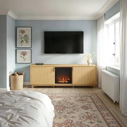 Walker Edison Arundo Reeded TV Stand with Fireplace & Storage, 70" Fireplace, Coastal Oak - color: Coastal Oak, size: 70" x 15.75" 23.75"