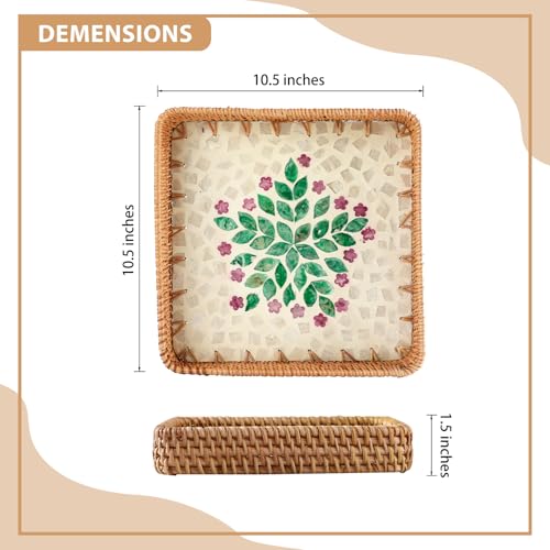 1 pcs Rectangle Rattan Serving Tray with Mother of Pearl Inlay, Decorative Wicker Tray for Coffee, Bread, Fruits, Elegant Table Decor for Living Room & Dining Room - color: Beige - Green & Pink Garden