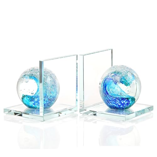 Book Ends for Shelves, Glass Bookends with Deep Ocean Blue Crystal Hand Blown Sea Wave Ball, Non Skid Sturdy Glass Decorative Bookends for Ocean Lovers, Heavy Books, Office, Set of 2 - color: Dark Blue+green