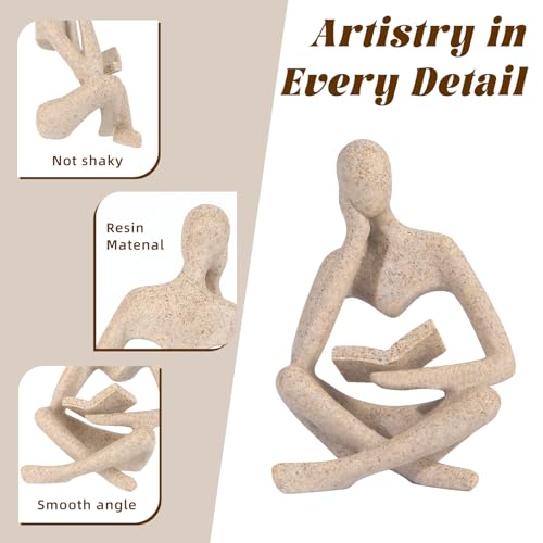 Small Bookshelf Decor Coffee Table Sculpture Abstract Thinker Statue Reading Figurine Modern Neutral Home Decoration for Office Desk Shelf ,Gifts for Readers Book Lovers Women (Sandstone ,Beige)