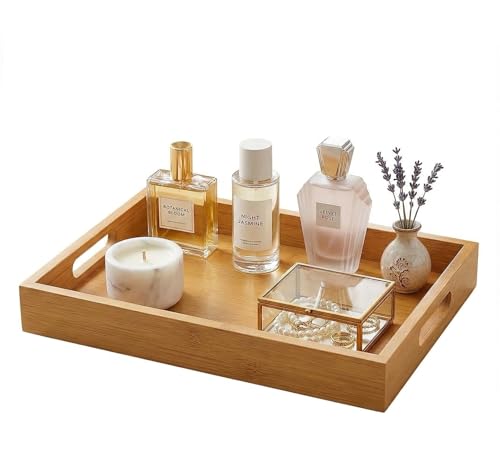 Perfume Plate Tray with Handle - Natural Bamboo Wood Display Tray for Dresser, Coffee Table, or Bathroom, 11.4x7.9 Inches, Jewelry and Perfume Organizer (1, Natural) - color: Natural