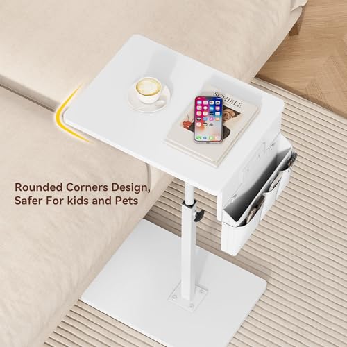 Vagusicc Sofa Armrest Tray Table for Couch - 360° Swivel Height Adjustable Side Table for Small Spaces, Snack Side Table for Bed or Chair, C Shaped End Table Snack Table for Eating Dinner Laptop - color: White, style: With Plug+Storage Bag