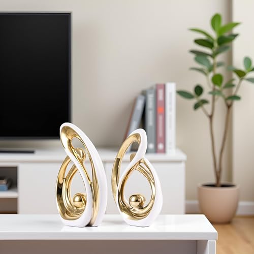 Home Decor Accent,Porcelain Art Mid Century Bookshelf Decorations,Gold Centerpieces for Tables,Abstract Ceramic Statue Sculpture for Coffee Table Mantel Tv Stand Centerpieces (White Gold, Small) - color: White Gold, size: Small