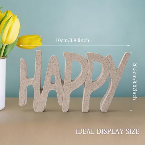 Happy Sign Decor Statue for Shelf Living Room Bookshelf CoffeTable and Office Display, Modern Home Decor Aesthetic Sculpture, Unique Gift for Mom Grandmom Womens Mens or Friends (Sandstone)