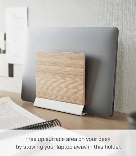 YAMAZAKI Home Rin Portable Laptop Holder Stand for Desk in Bedroom Or Office, Wooden Storage Station - Steel + Wood - color: Walnut