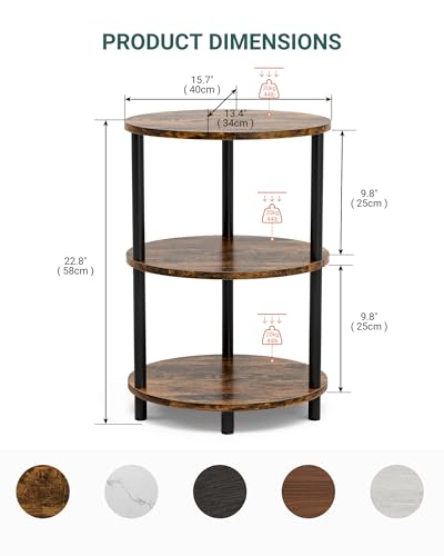 Round Pedestal End Table - 3-Tier Oval Accent Table for Small Spaces, Rustic Wood and Metal Couch Side Table, Nightstand for Bedroom or End Table Living Room, Easy to Assemble, Rustic Brown - color: Rustic Brown, size: 1-Pack, style: Without Power Outlets