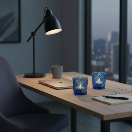 12 Pack Patented Sun Moon Star Embossed Glass Tea Light Candle Holders - Unique Votive Candle Holders for Wedding, Party, and Table Centerpieces (Ocean Blue) - color: Ocean Blue
