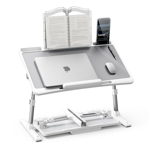 Laptop Desk for Bed, Adjustable Height and Angle Lap Desks for Adults, Laptop Desk with Bookstand for Bed Couch Floor Writing Working Reading Eating Painting, White