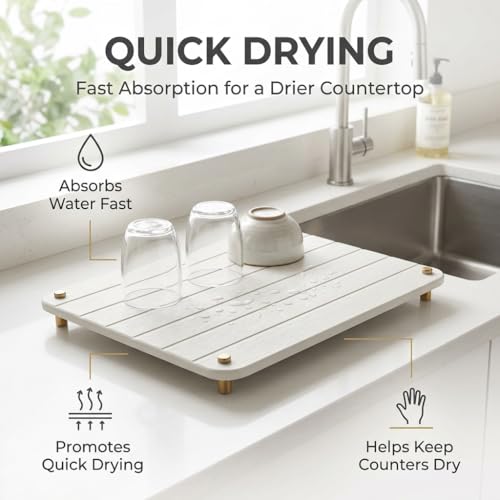 Razborci Stone Dish Drying Mat for Kitchen Counter, Water Absorbing Bathroom Tray Sink Organizer, Diatomaceous Earth Countertop Dish Rack Riser Sponge Holder Soap Dish, Gold White, 16" x 12" - color: 1. Gold - White, size: 16" x 12" x 1"