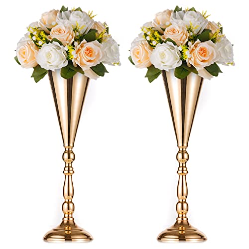 2 Pcs Tabletop Metal Wedding Flower Trumpet Vase, 16.5 inch Tall Table Decorative Centerpiece, Artificial Flower Arrangements for Anniversary Ceremony Party Birthday Event Aisle Home Decoration (Gold) - color: Gold, size: 16.5 inch x 2 Pcs
