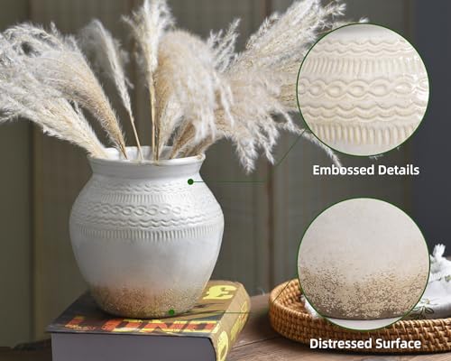 Quoowiit Ceramic Rustic Farmhouse Vase, White Distressed Flower Vase for Home Decor, Boho Decorative Vases for Centerpiece Table Decorations, Vases for Living Room Kitchen Entryway Mantle Shelf Decor - color: White