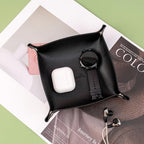 SANQIANWAN PU Leather Arc Edge Jewelry Valet Tray for Man and Women, Portable Mini Entryway Table Tray Bedside Nightstand Desk Tray Small Travel Dish Plate for Key,Wallet,Watch,Coin (Black) - color: Black