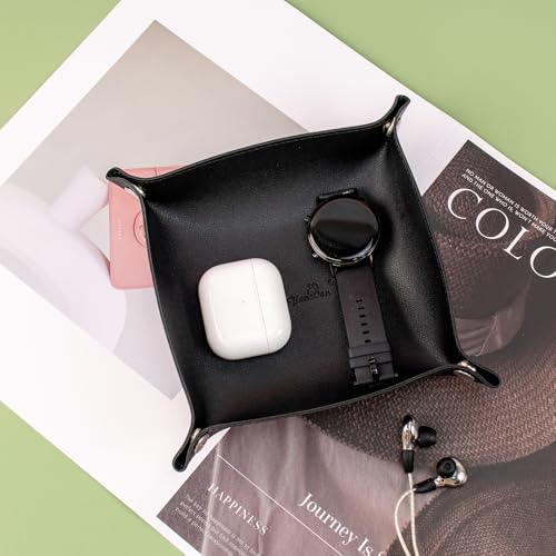 SANQIANWAN PU Leather Arc Edge Jewelry Valet Tray for Man and Women, Portable Mini Entryway Table Tray Bedside Nightstand Desk Tray Small Travel Dish Plate for Key,Wallet,Watch,Coin (Black) - color: Black