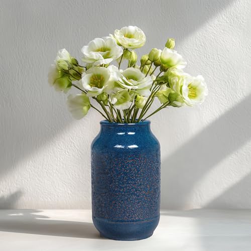 Blue Ceramic Vase for Home Decor, 9 Inch Modern Farmhouse Vase, Decorative Vases for Pampas Grass, Fireplace, Living Room, Bathroom, Tabletop, Kitchen, Office, Farmhouse Decor - color: Rustic Blue
