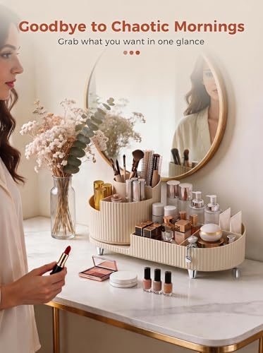 Booklov Rotating Makeup Caddy Organizer for Vanity, Large Capacity Cosmetic Display Case, Countertop Beauty Storage Holder for Skincare, Brush Eyeshadow Lipstick, Counter Desk Organization, Cream - color: Cream, size: L01