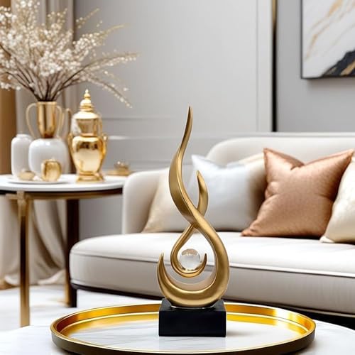 Modern Flame Sculpture Decor Flame Statue with Glass Ball Resin Abstract Art Figurines Centerpiece Sculpture for Home Decor Living Room Stand Coffee Table Office Decor (Small Gold) - color: Small Gold