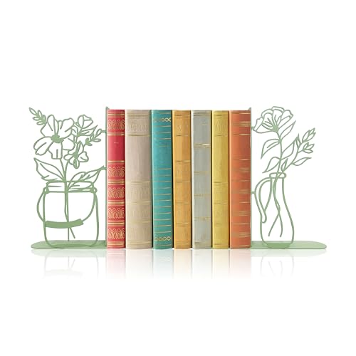 Flower Vase Bookends, Metal Decorative BookEnds for Shelves Cute Book Ends for Office Home Decor, Ideal Gift for Book Lovers (Green) - color: Green