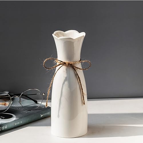 Boho Ceramic Vase with Rope, 8.2" H, Rustic Flower Vase Classic Style for Dried Flowers Fresh Flowers, Fit for Fireplace Bedroom Kitchen Living Room Centerpieces Office Desk - color: White-1