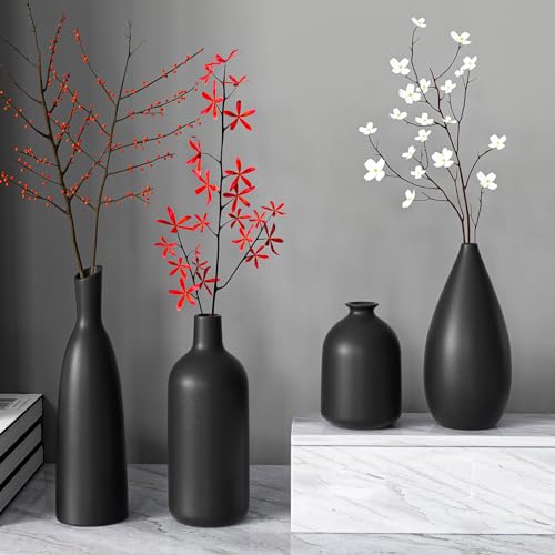 Black Ceramic Vase Set of 4,Modern Minimalist Vase Decor for Bookshelf,Dining Room Coffee Console Table Centerpieces - color: Black*4