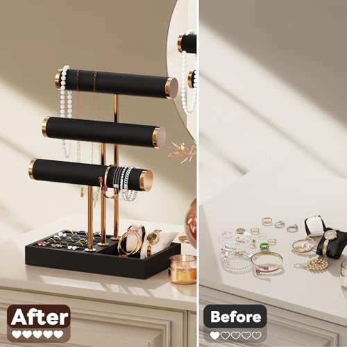 Abiglifty 3 Tier Necklace Holder Display, Jewelry Organizer, Jewelry Stand, Bracelet Display, Necklace Organizer, Bracelet holder, Jewelry Display for Necklace, Watches, Rings, Black - color: Black