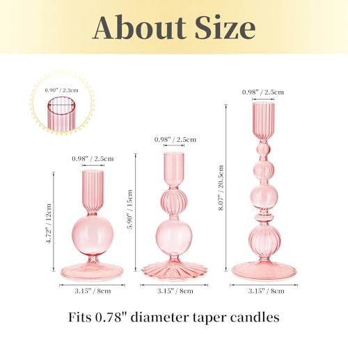 Hewory Glass Candlestick Holders Set: 3PCS Pink Candle Holder Taper Candle Holders Bulk, Crystal Ribbed Candle Sticks Holder Decor for Table Centerpiece Wedding Christmas Thanksgiving Dinner - color: Pink