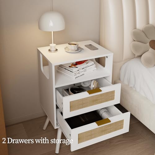 JOONEE Rattan Nightstand,Farmhouse Bedside Table with 2 Storage Drawer and Open Wood Shelf, for Bedroom and Small Spaces,Night Stand with Solid Wood Legs (White) - color: White
