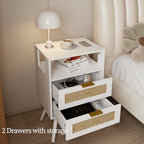 JOONEE Rattan Nightstand,Farmhouse Bedside Table with 2 Storage Drawer and Open Wood Shelf, for Bedroom and Small Spaces,Night Stand with Solid Wood Legs (White) - color: White