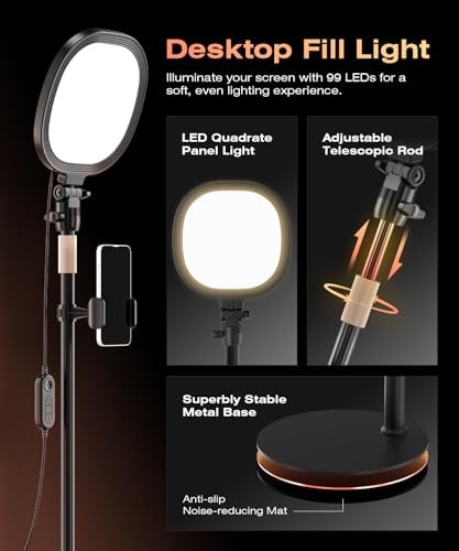 PQRQP Ring Light with Stand, Adjustable Desktop Light with Phone Holder, CRI 97+, Video Conference Light for Zoom Meetings, Webcam, Recording, Live Stream