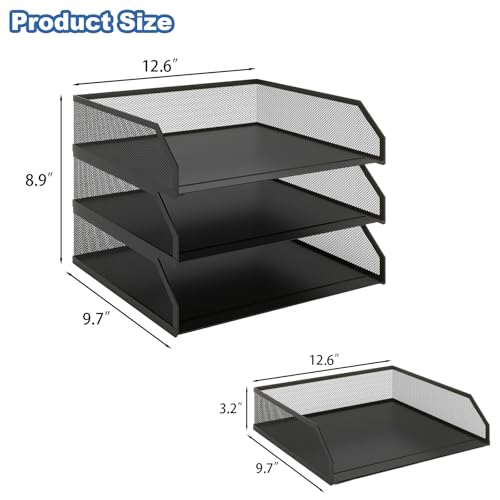 Natwind 3-Tier Stackable Paper Tray, Metal Mesh Desktop Organizer, A4 Paper Sorter, Letter Trays,File Folder Sorter Organizer with Sliding Tray for Home, Office, School (Black) - size: 3 Tier