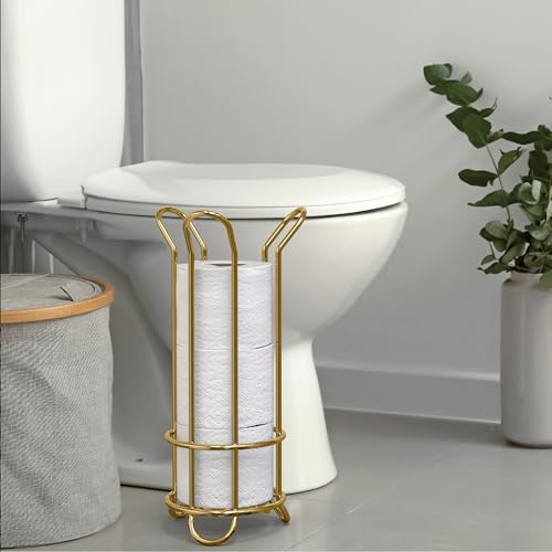 BROOKSTONE Toilet Paper Holder Stand, Modern and Minimal Free Standing Toilet Paper Stand with Storage, Bathroom Tissue Organizer that Holds Mega Rolls - Gold - color: Gold Minimal