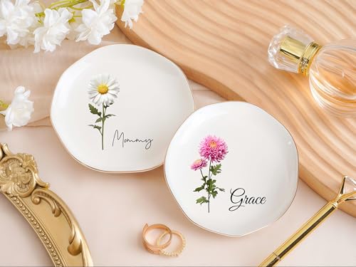 Ship Next Day, Personalized Ceramic Jewelry Dish, Custom Birth Flower & Name Trinket Tray for Mother's Day, Bridesmaid, Birthday Gift - Waved Round - color: Birth Flower Jewelry Tray-waved Round