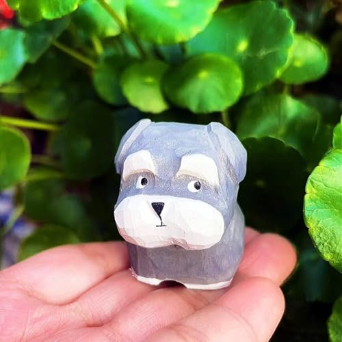 Hand-Carved Wooden Salt and Pepper Schnauzer Figurine – Mini Cute Dog Statue with Round Wooden Base for Desk & Home Decor, Car Dashboard Decoration, Unique Handmade Gift for Dog Lovers - color: Salt and Pepper Schnauzer
