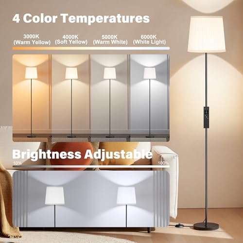 SIBRILLE Floor Lamp with Pleated Shade, 62" LED Dimmable Standing Lamp with Remote & Foot Switch, Color Options, 9W E26 Bulb Included, Modern Reading Light for Living Room Bedroom Office Corner, Black - color: White(pleated)