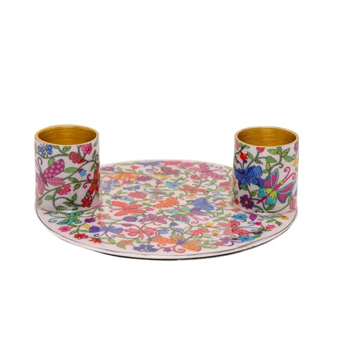 Yair Emanuel Flat Plate Candle Holders for Shabbat 4 Inch Vibrant Pattern Design Modern Judaica Gift (CSE-4 Butterflies) - color: Cse-4 Butterflies