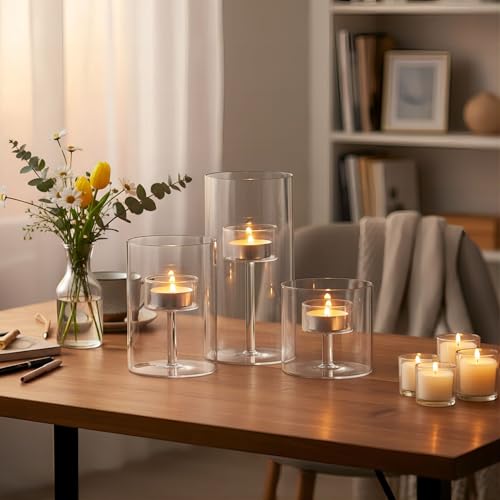 Glass Hurricane Candle Holder, 3pcs Clear Cylinder Candle Holders Bulk for Pillar Candles, Open Ended Glass Candle Pedestal for Wedding Centerpieces Tables, Party, Event(No.01) - size: No.01