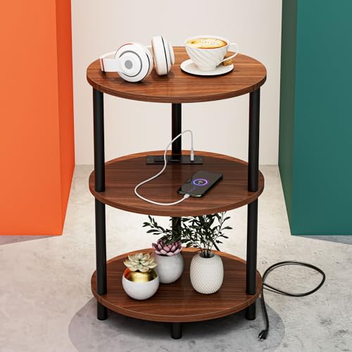 Small Round Side Table - 3-Tier Oval Accent Table for Small Spaces, Rustic Wood and Metal Nightstand for Living Room or Bedroom, with Built-in USB Ports and Power Outlet, Rustic Walnut - color: Rustic Walnut, size: 1-Pack, style: Includes Power Outlets