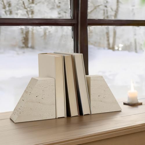 4"x5" Natural Marble Bookends for Shelves, Beige Travertine Book Ends, 7LBS Heavy Duty Marble Book Holder, Home Living Room Ornaments, Apartment Decor for Movies/CD/Video Games, Set of 2