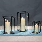yshengood Large Glass Hurricane Candle Holder Set of 3 PCS, Black Frame and Glass Hurricane Candleholders - size: 3-Piece Set (3 Large)