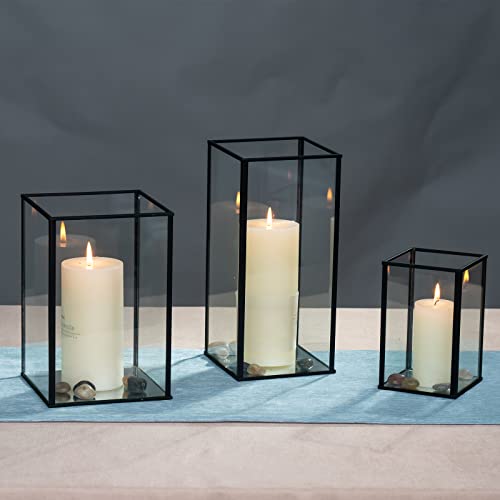 yshengood Large Glass Hurricane Candle Holder Set of 3 PCS, Black Frame and Glass Hurricane Candleholders - size: 3-Piece Set (3 Large)