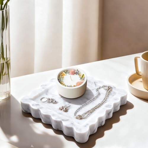 Marble Tray for Bathroom, Scalloped Tray, Marble Vanity Tray, Natural Stone Tray, Marble Tray for Kitchen Counter, Jewelry, Candle, Lotion, Countertop, Bathroom, Home Decor, Square - style: Square