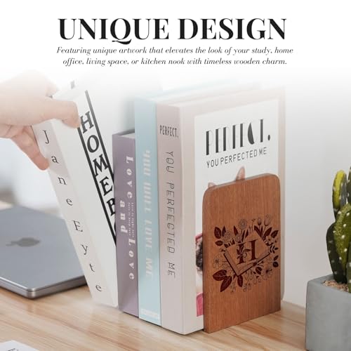 Wood Bookends, Book Ends for Shelves with Decorative Alphabet A and Z Design - Heavy Duty Iron & Ebony Wood Book Ends for Shelves Bookcase Desk - 1 Pair - H - color: H