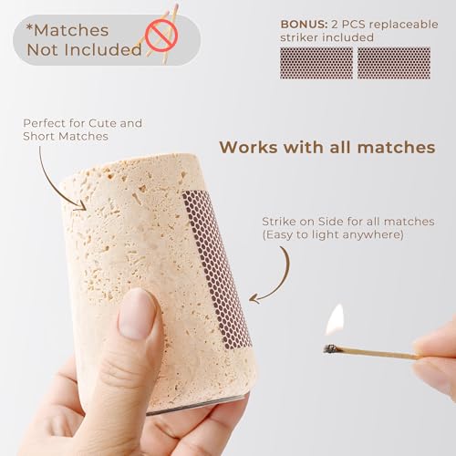 WORHE Travertine Match Holder with Striker & Extra Striker Pad - 2.9" x 3.9" Large Decorative Matchstick Organizer for Fireplace, Candles, Parlor Match Jar for Home Decor Gift, Matches Not Included - size: Large 2.9" x 3.9"