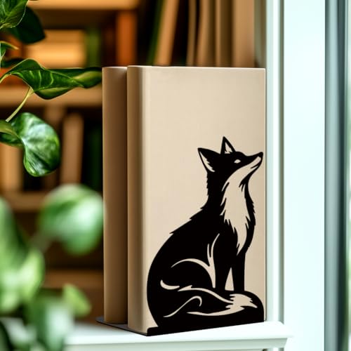 Black Fox Metal Bookends for Shelves, Exquisite Fox Bookshelf Decor Book Ends for Heavy Books, Home School Office Desk Decoration, Book Stopper for Study and Birthday Gift - style: Fox