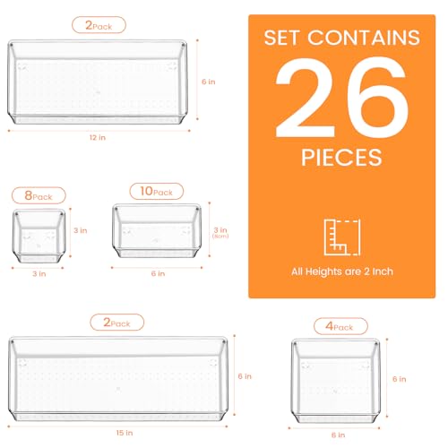 Criusia Drawer Organizer, 26 Pack Clear Plastic Drawer Organizer Bins, Versatile Organization and Storage Trays for Kitchen, Bathroom, Vanity Makeup and Office - size: 26PACK