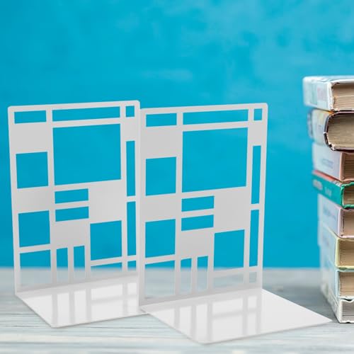 2Pcs Minimalist Metal Bookends Sturdy Hollow Square Book Holders in White Desktop Book Organizers with Elegant Pattern Design for Home and Office Decor