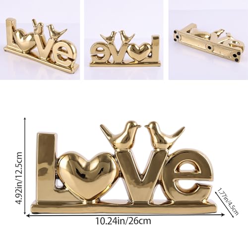 DOVDOV Gold Ceramic Love Sign Sculpture with Heart and Bird Statues, Modern Home Decor Accents for Living Room Coffee Table, TV Stand, Entryway and Shelf, Wedding or Housewarming Gift - color: Gold