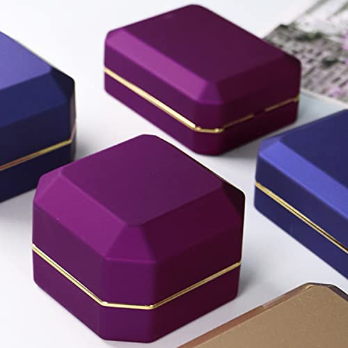 Luxury Ring Box, Square Velvet Wedding Ring Case Jewelry Gift Box with LED Light for Proposal Engagement Wedding, Purple - color: Purple, size: Ring Box