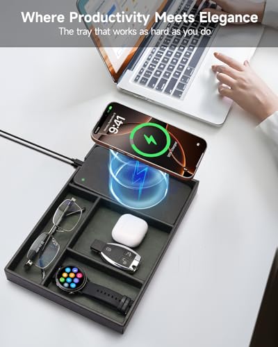 Valet Tray, Built in Wireless Charging Pad, Nightstand Organizer, Two-Toned Premium Vegan Leather Desk Bedside Caddy Organizer Tray for Keys, Watch, Wallet, Jewelry (Black+Green) - color: Black+Green