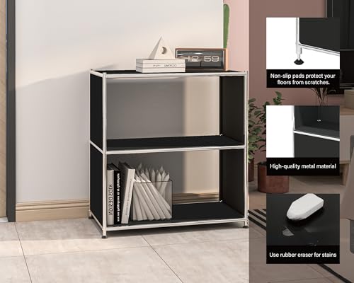 32-Inch 2-Tier Metal Bookcase, Open Shelf Storage Organizer for Living Room, Bedroom, Side Table or Nightstand Use, Modern DIY Assembly, Black - color: Matt Black