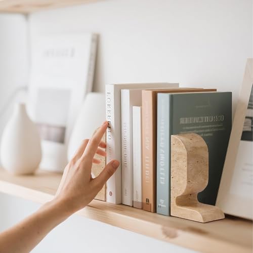 WORHE Travertine Bookends Decorative, Marble Decorative Bookends for Shelves, Heavy-Duty Stone Book Ends for Hardback Book & Cookbooks, Unique Book Stopper & Holder Set of 2 Beige (WH090) - color: Beige